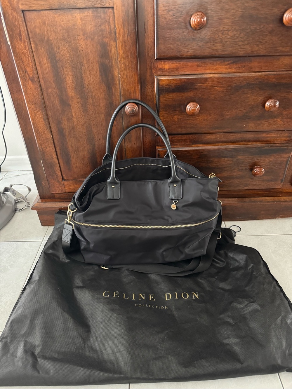 Céline Dion Black Women's Travel Duffel Bag with Gold Hardware